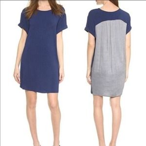 Vince Mixed Media Chambray Back Mini T-Shirt Dress Size XXS Colorblock Blue Gray
